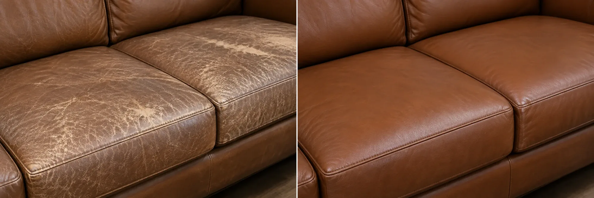 Brown leather sofa dry and crazed over both seats, beside the same sofa recolored brown