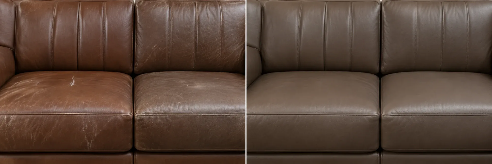 Brown leather sofa with color polished off the seat and front edge, beside the same sofa in one even brown