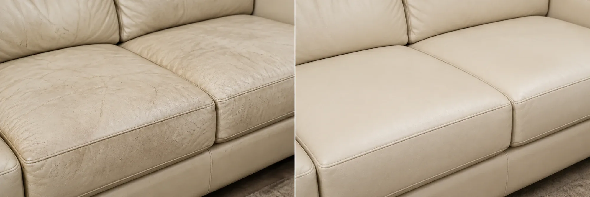 Cream leather sofa with soiling ground into the seat creases, beside the same sofa restored to cream