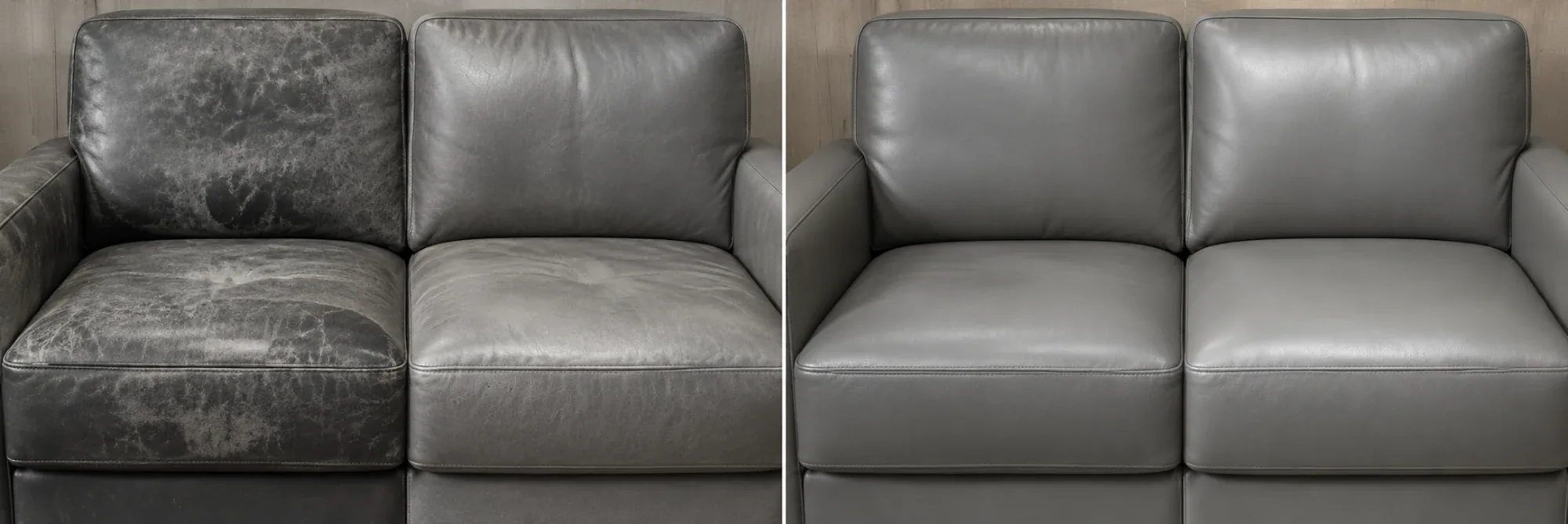 Grey leather sofa with the finish worn off both cushions, beside the same sofa recolored grey