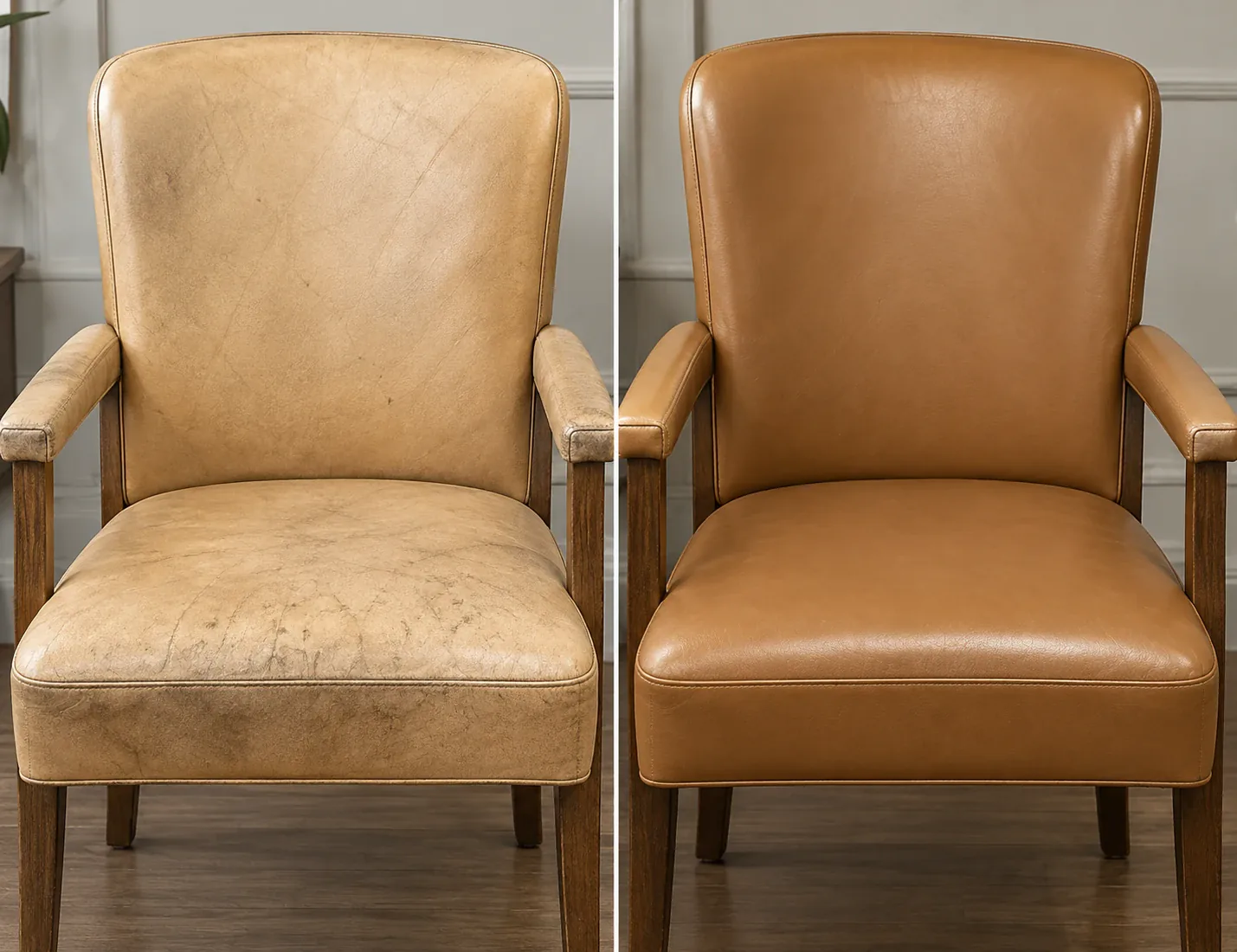 Wood-arm leather armchair soiled and pale, beside the same chair recolored an even tan