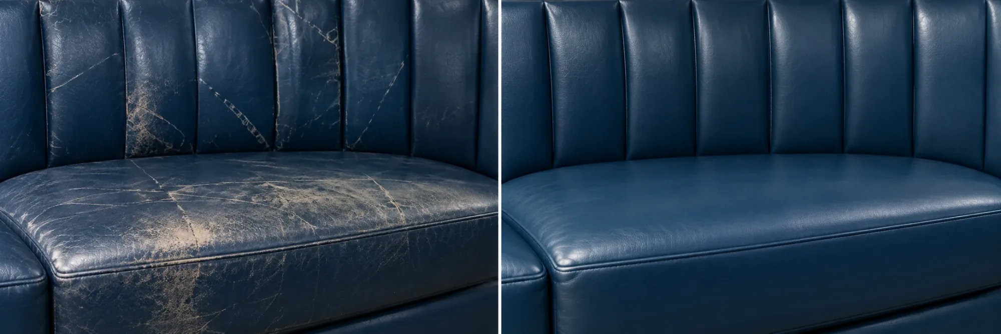 Navy channelled leather banquette scuffed on the back panel, beside the same banquette recolored navy