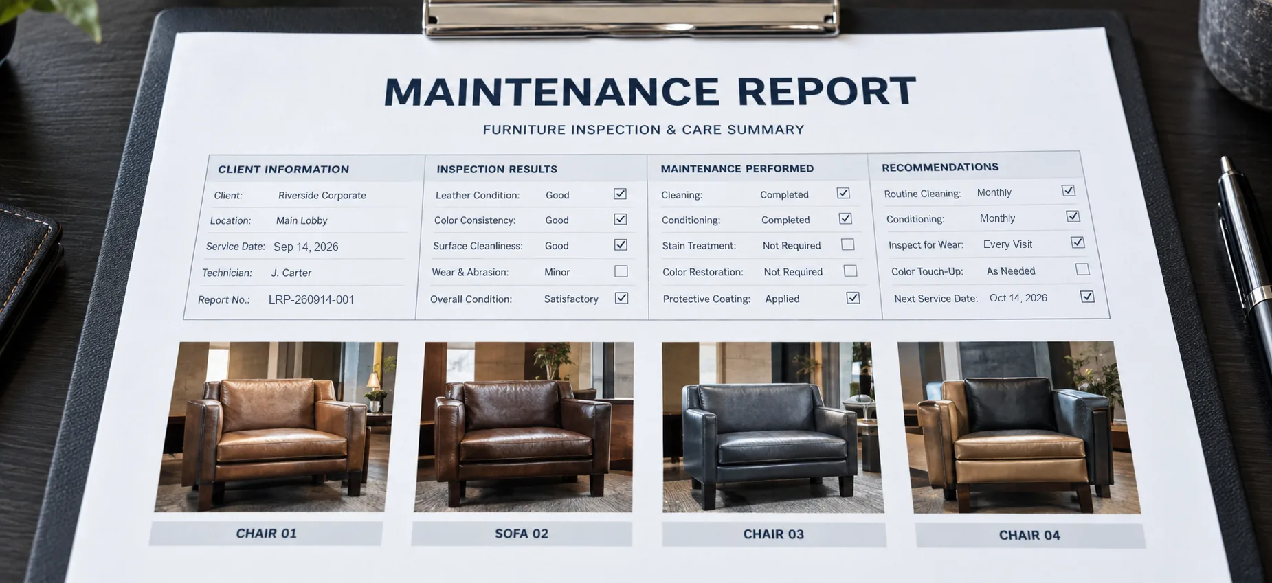 Maintenance report listing the services performed, the visit date and the next scheduled monthly visit