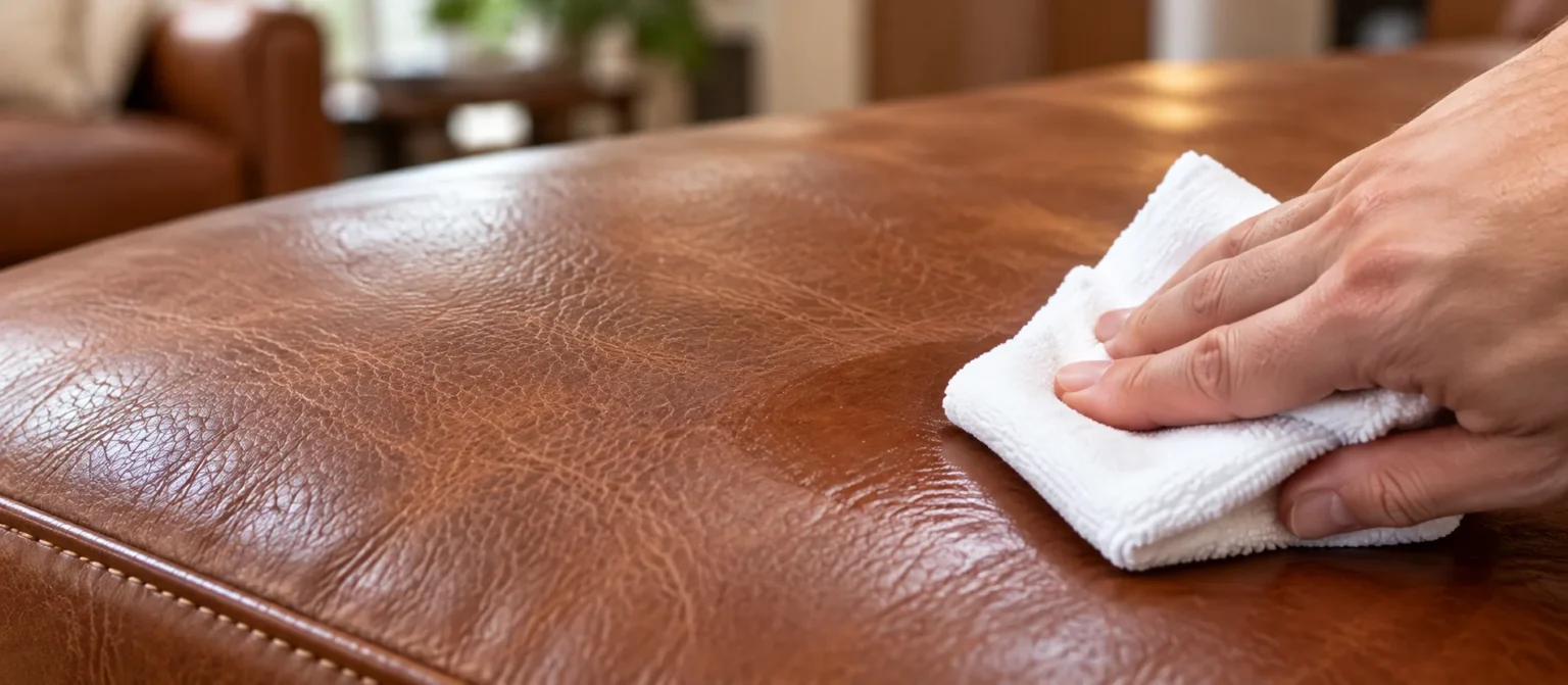 Soft cloth cleaning a tan leather seat