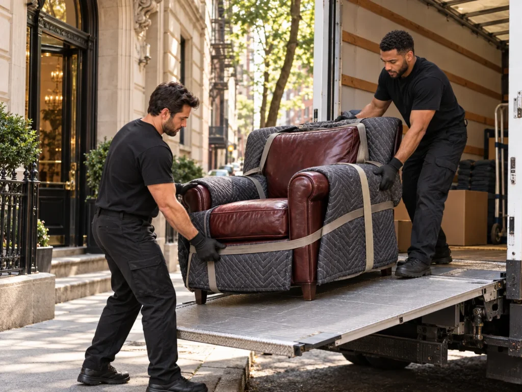 Movers loading a wrapped leather armchair onto a truck ramp