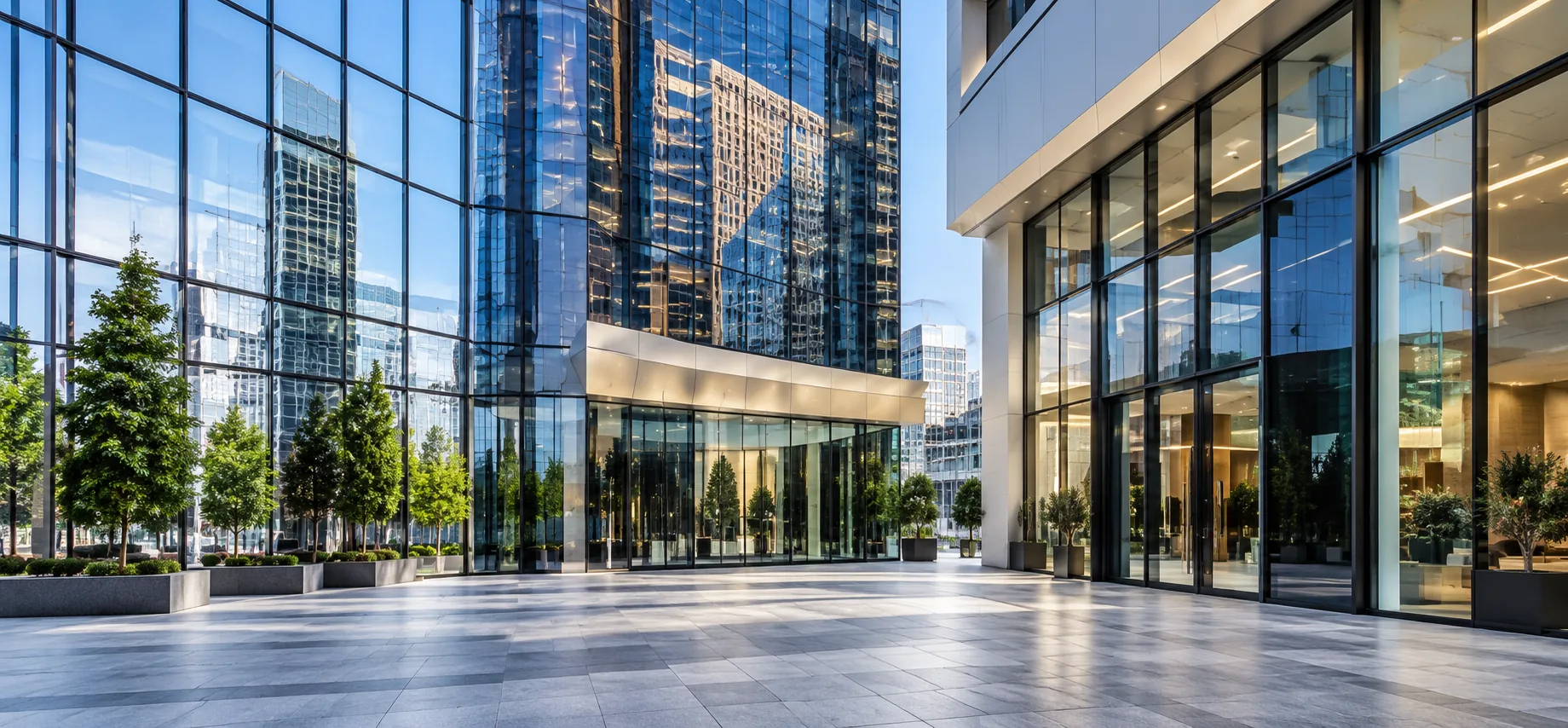 Glass office building and plaza on a clear day