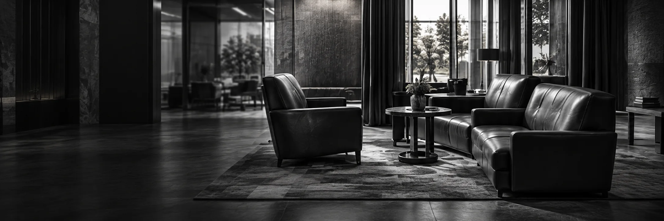 Leather lounge chairs and side table in a commercial waiting area