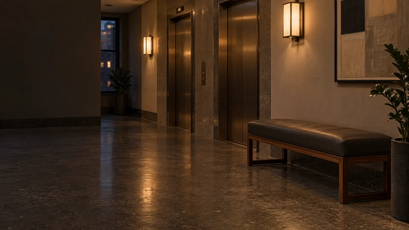 Common area furniture repair NYC: an upholstered bench on a building elevator landing in the evening