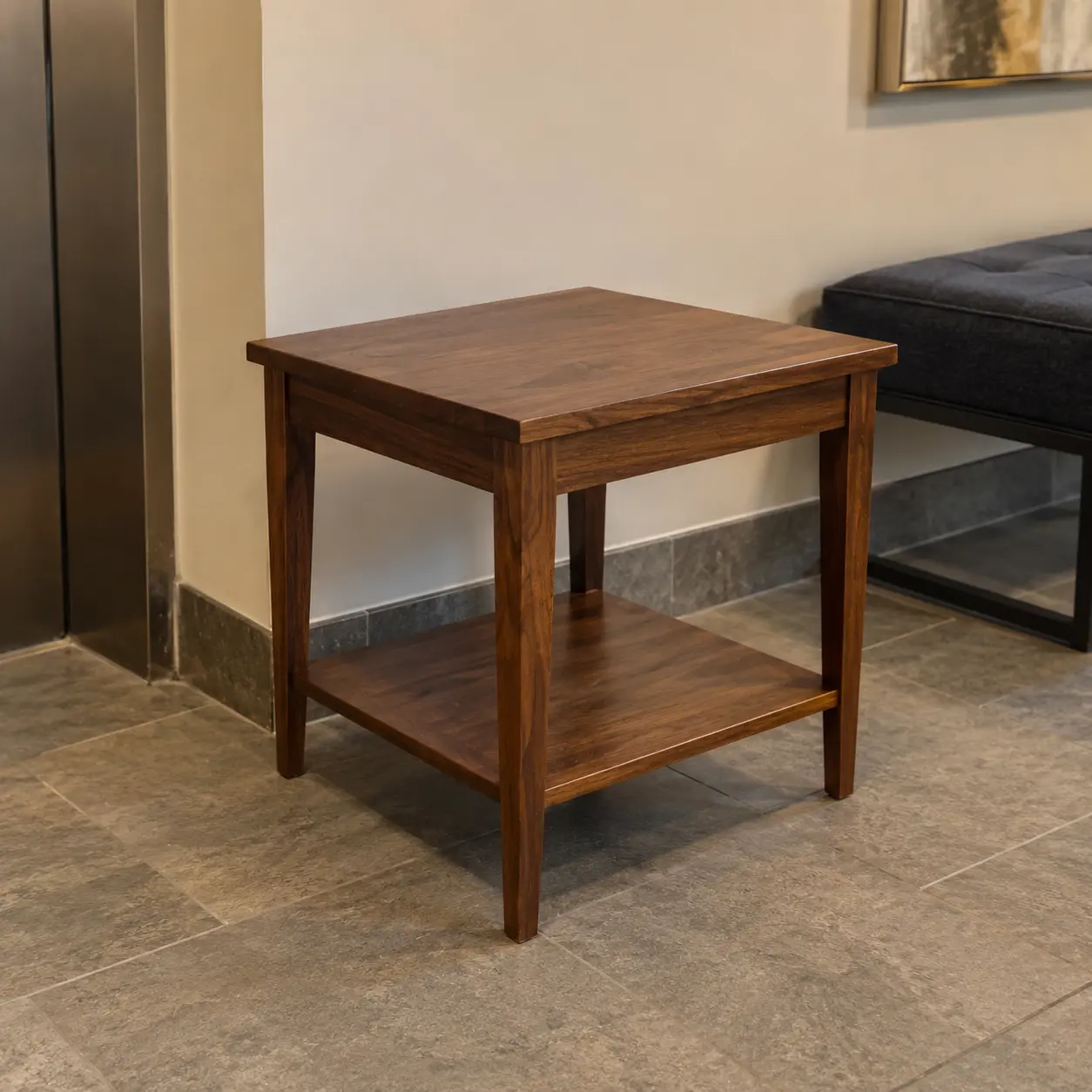 A wood side table in a common area