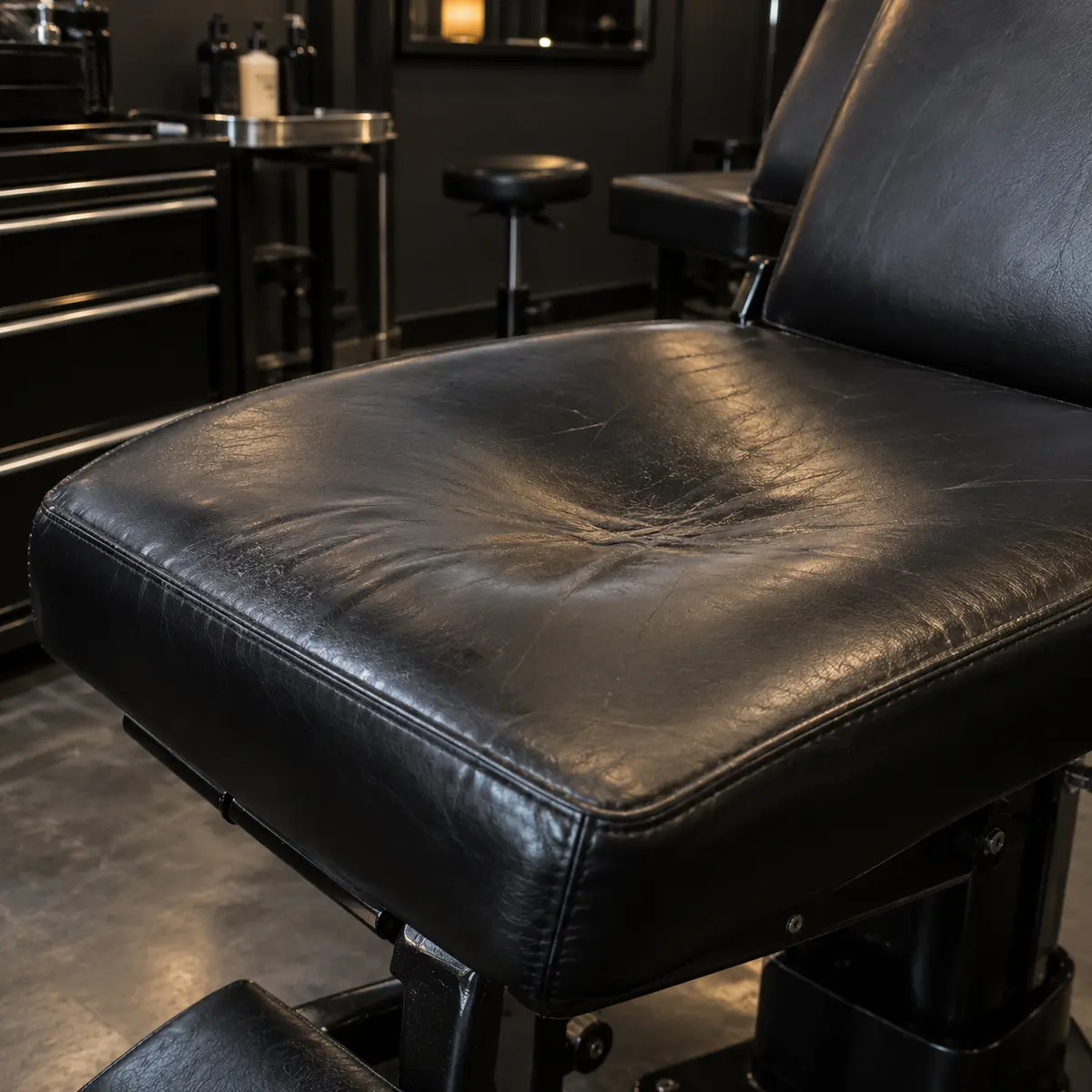 A compressed, sagging seat on a black tattoo chair