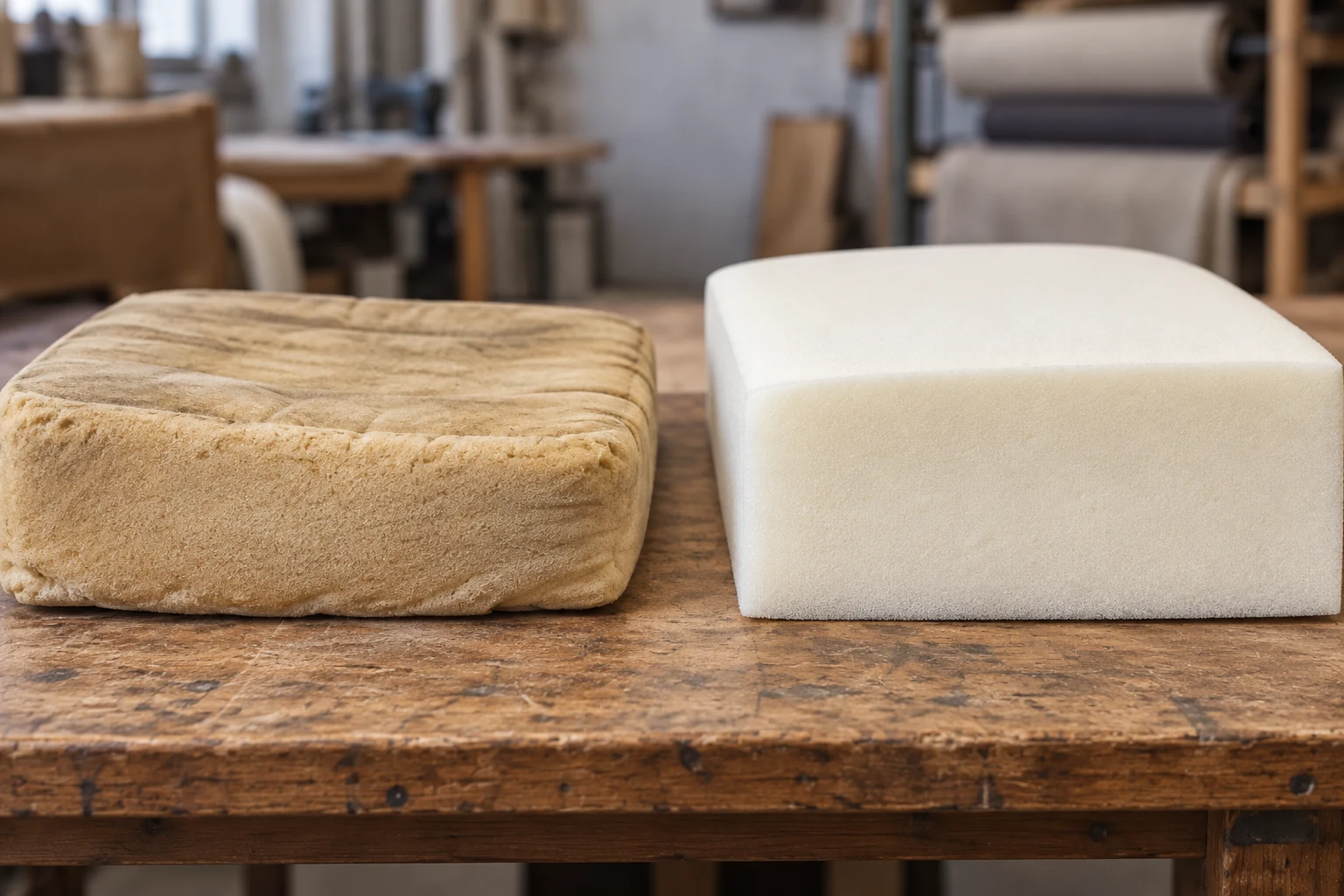 Compressed yellowed seat foam beside a new white foam block on a workbench