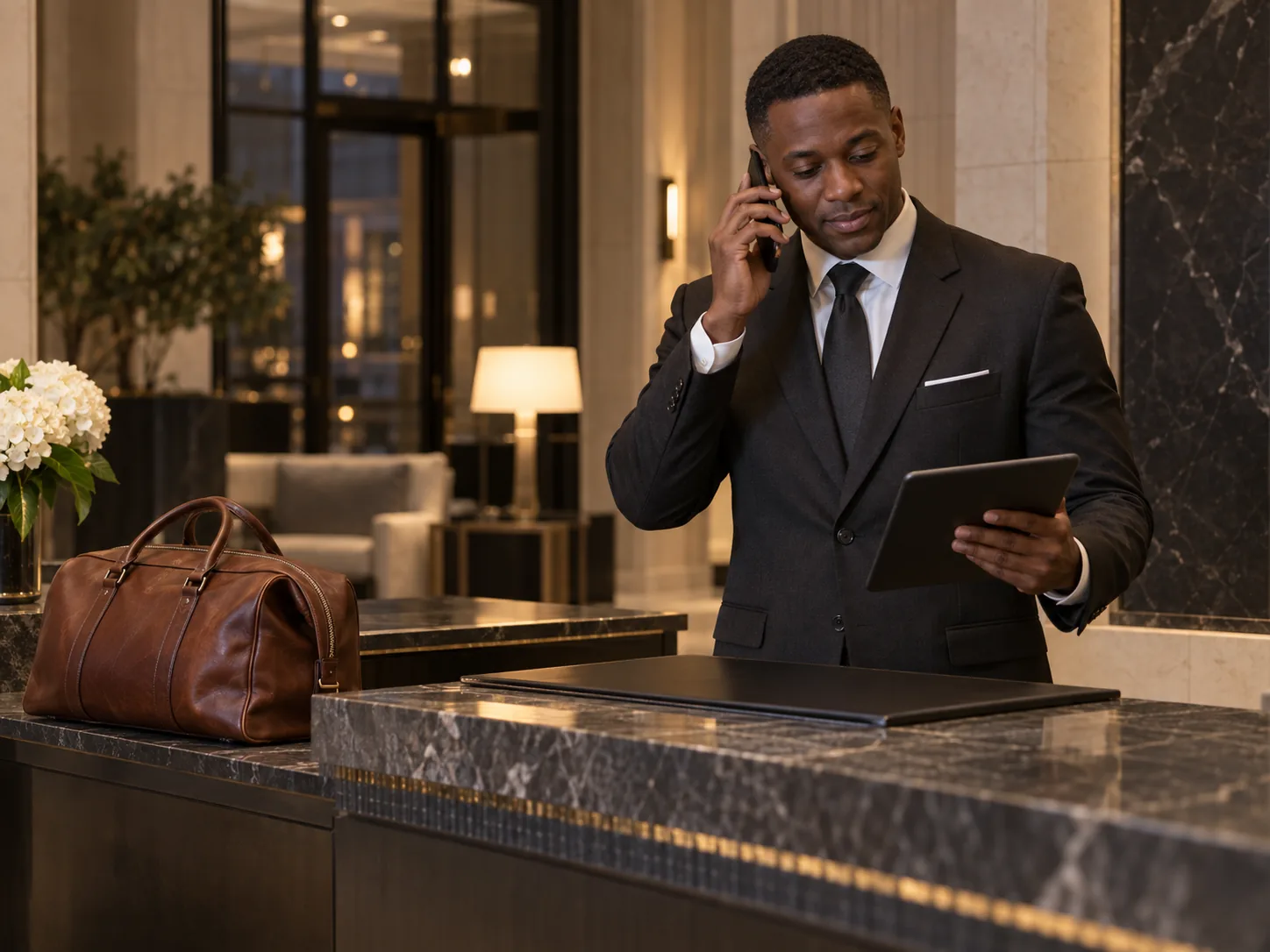Concierge taking a client request for a leather repair by phone
