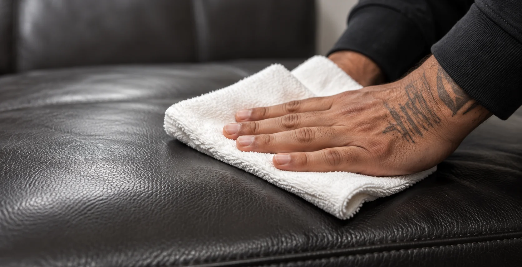 A hand working conditioner into a black leather bed rail with a white cloth