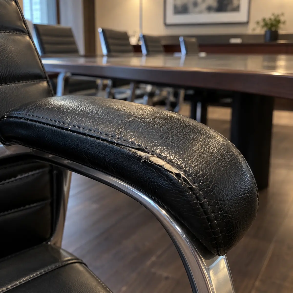 Before: a leather conference chair arm with a split and worn finish