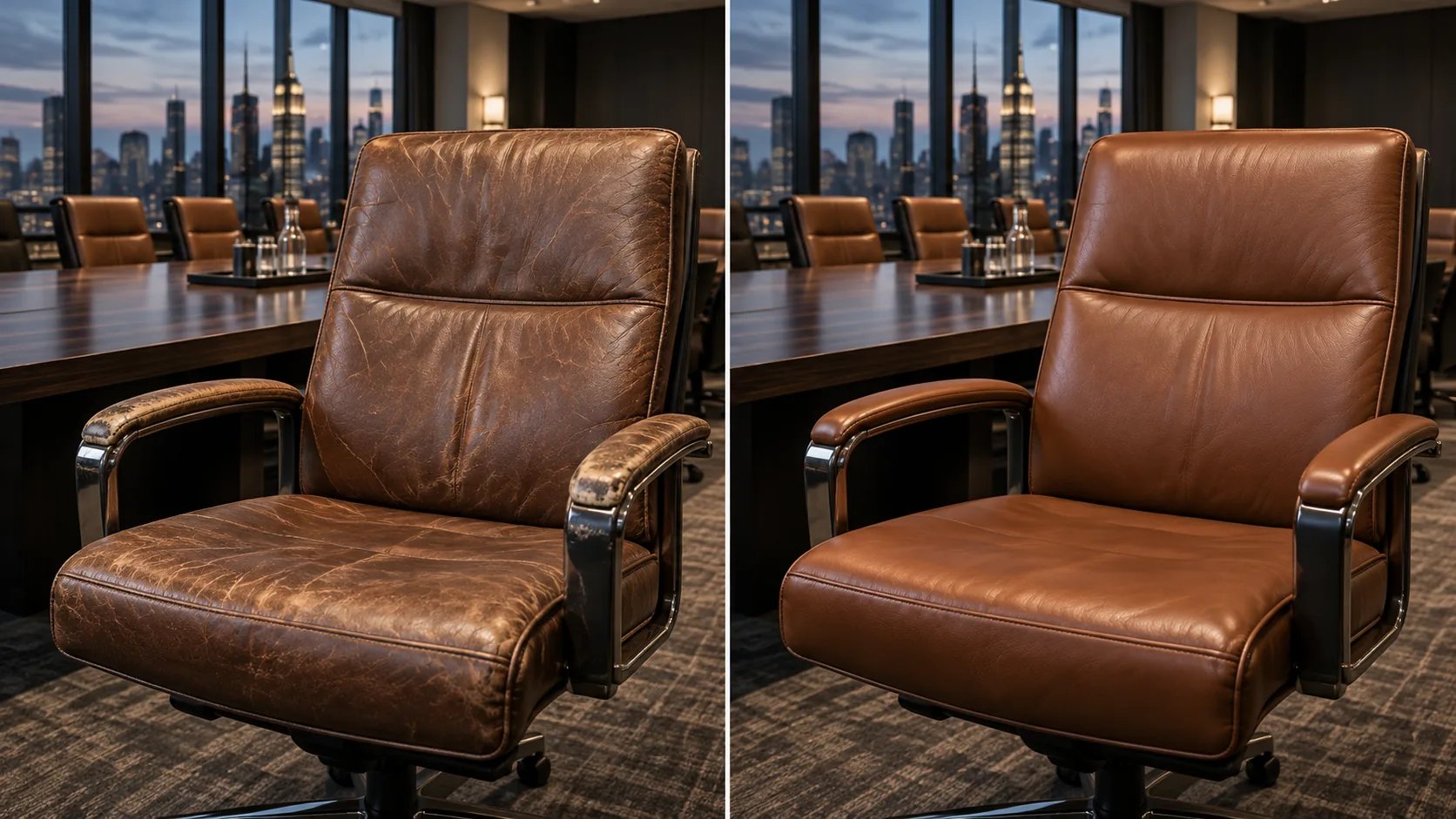 A worn cognac leather conference chair beside the same chair after restoration