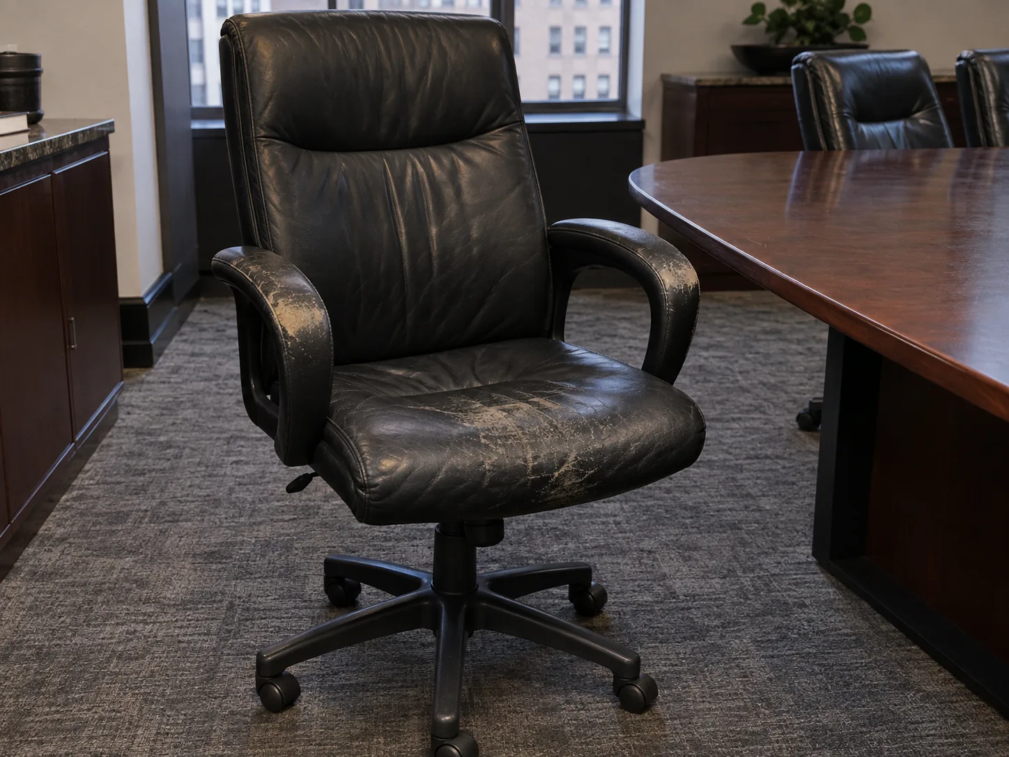 Worn black leather conference chair