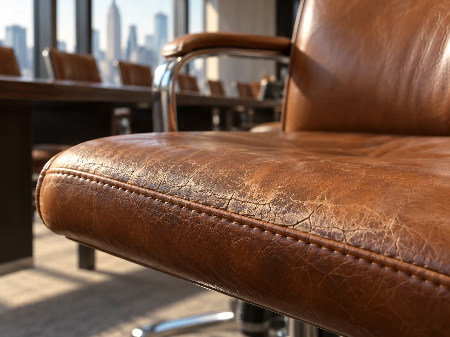 A conference room chair seat cracked from dry heat