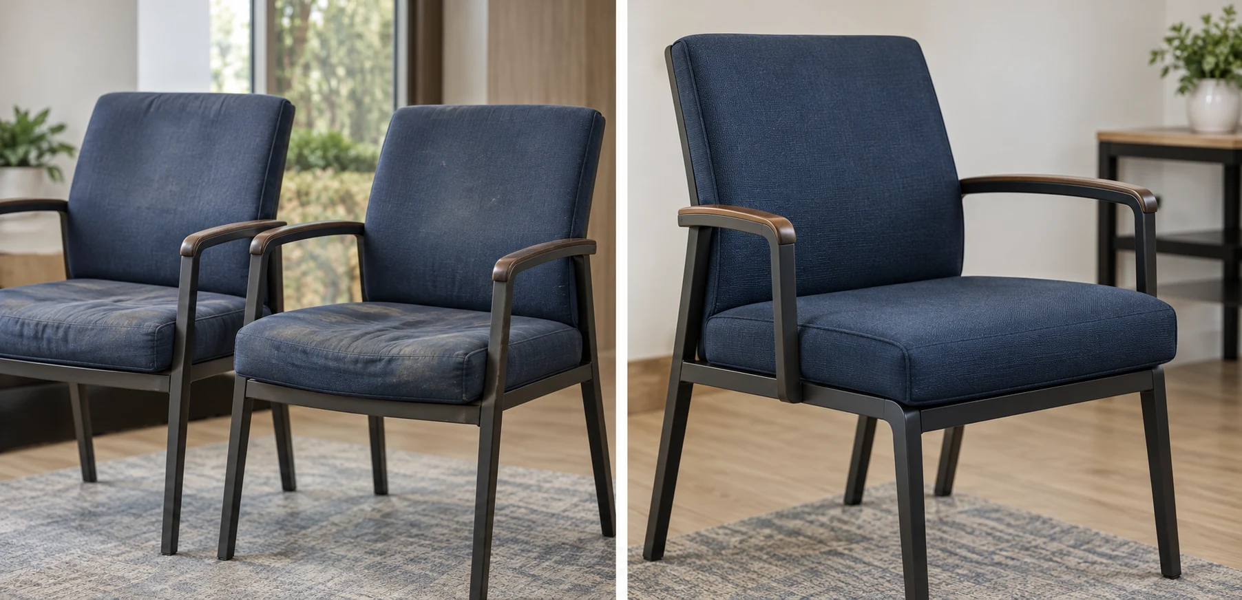 Conference guest chairs with navy leather seats after cushion replacement