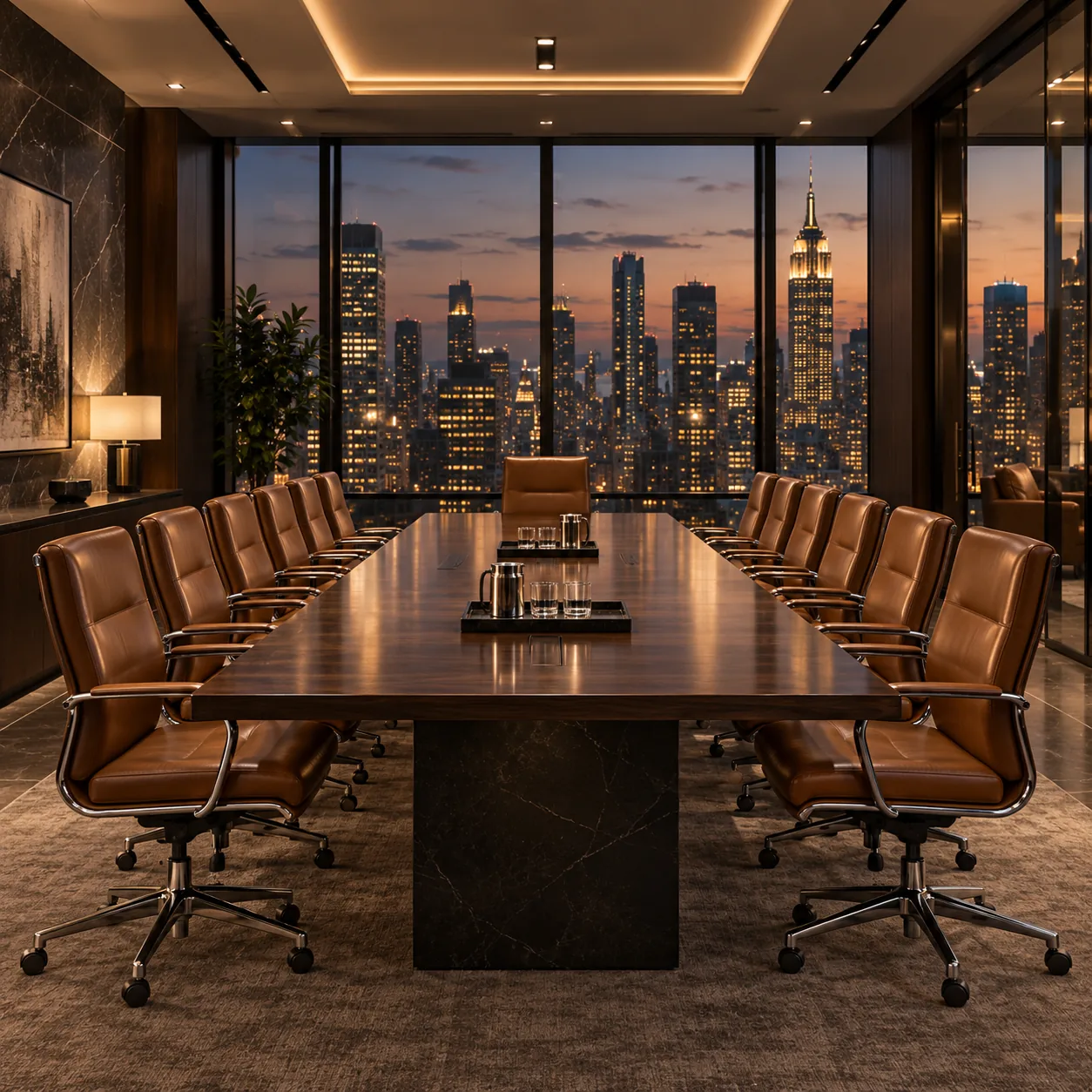 A long conference table lined with cognac leather chairs, city lights behind