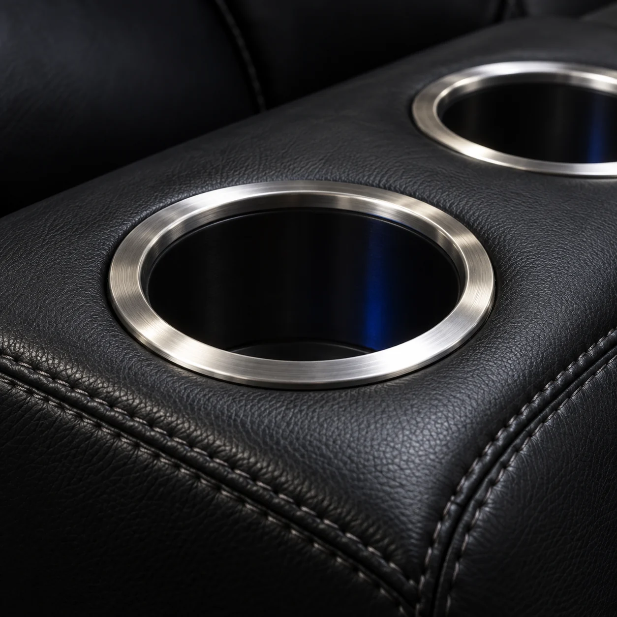 Home theater seat console with two stainless steel cupholder rings