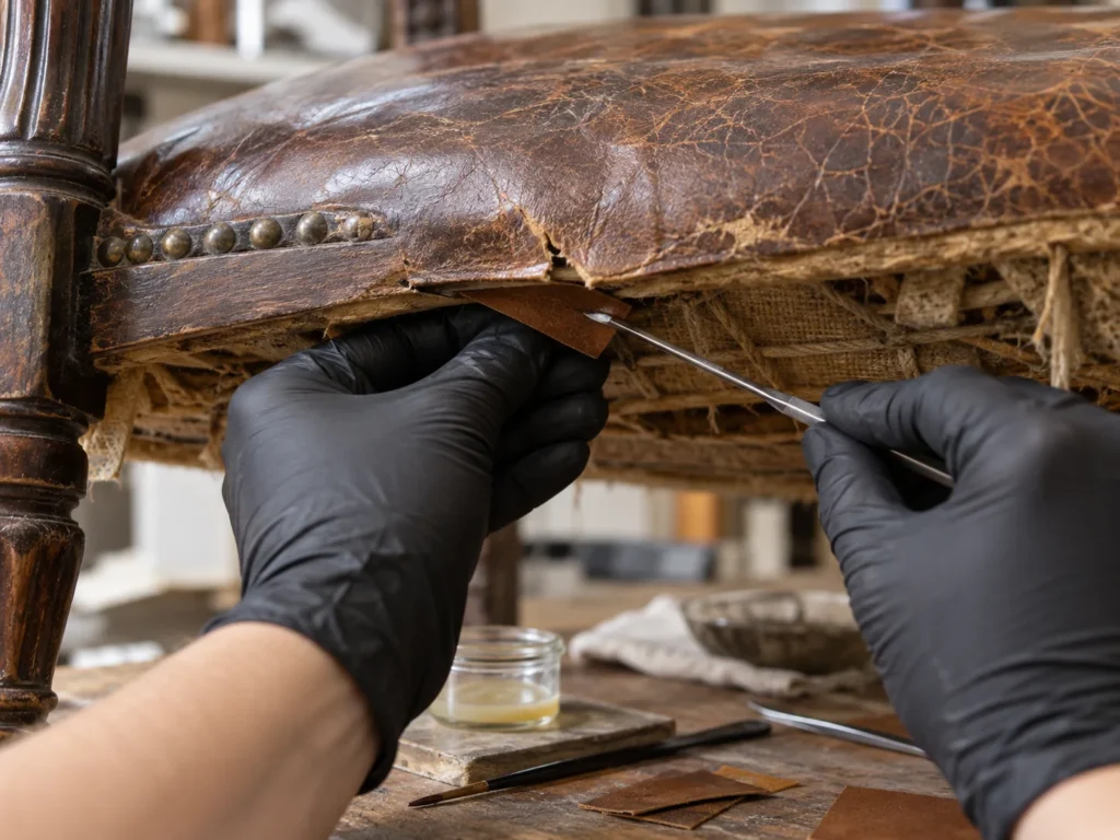 Gloved hands consolidating a torn edge of antique leather
