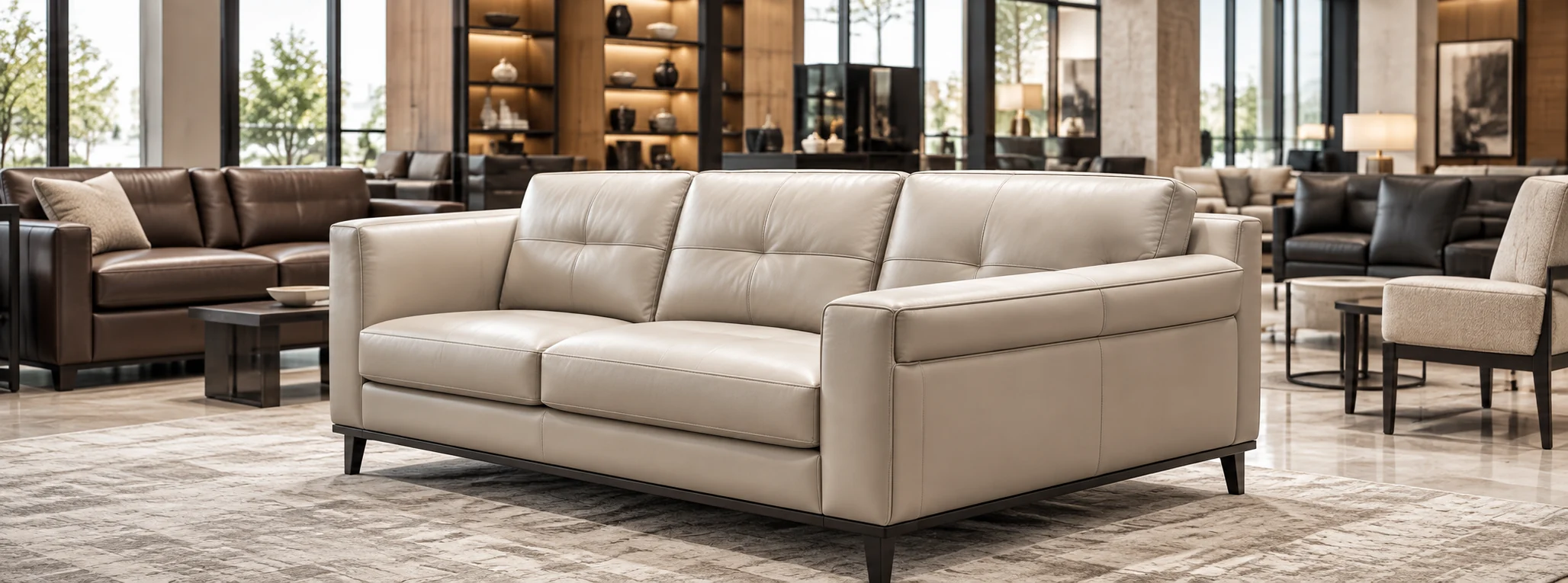 Cream leather sofa on a furniture retail showroom floor