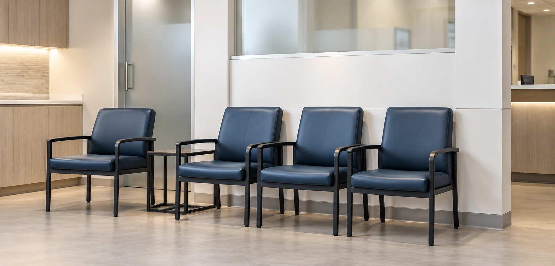 Navy vinyl waiting room chairs in a medical office
