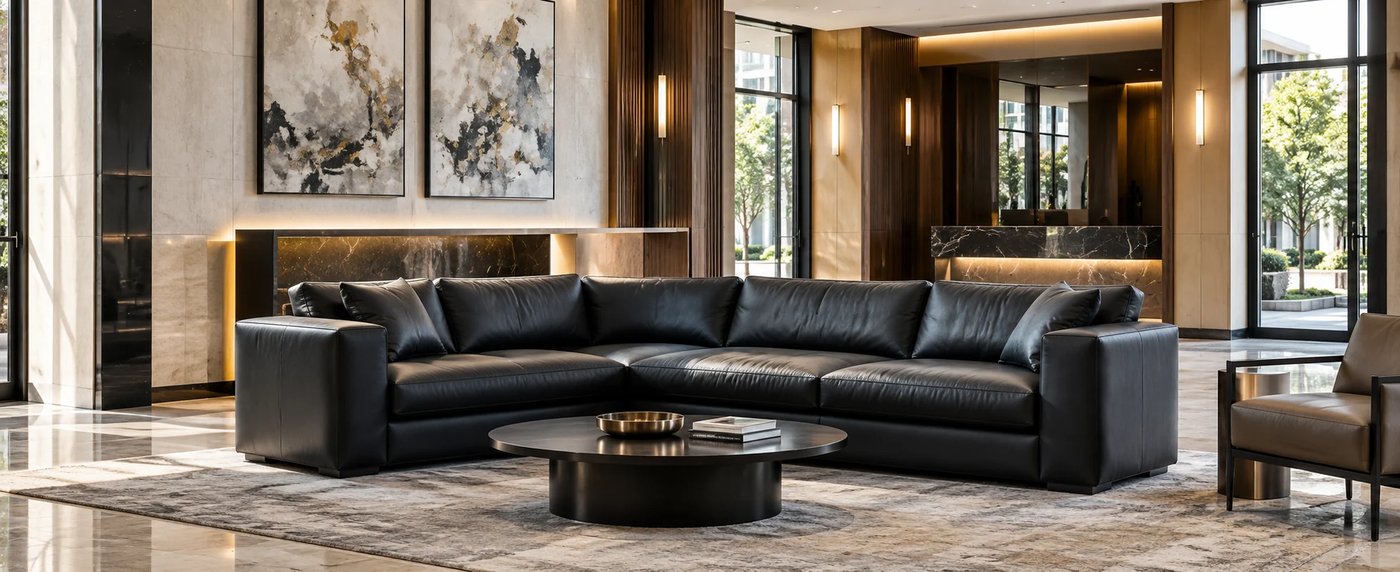 Black leather sectional in a residential building amenity lounge