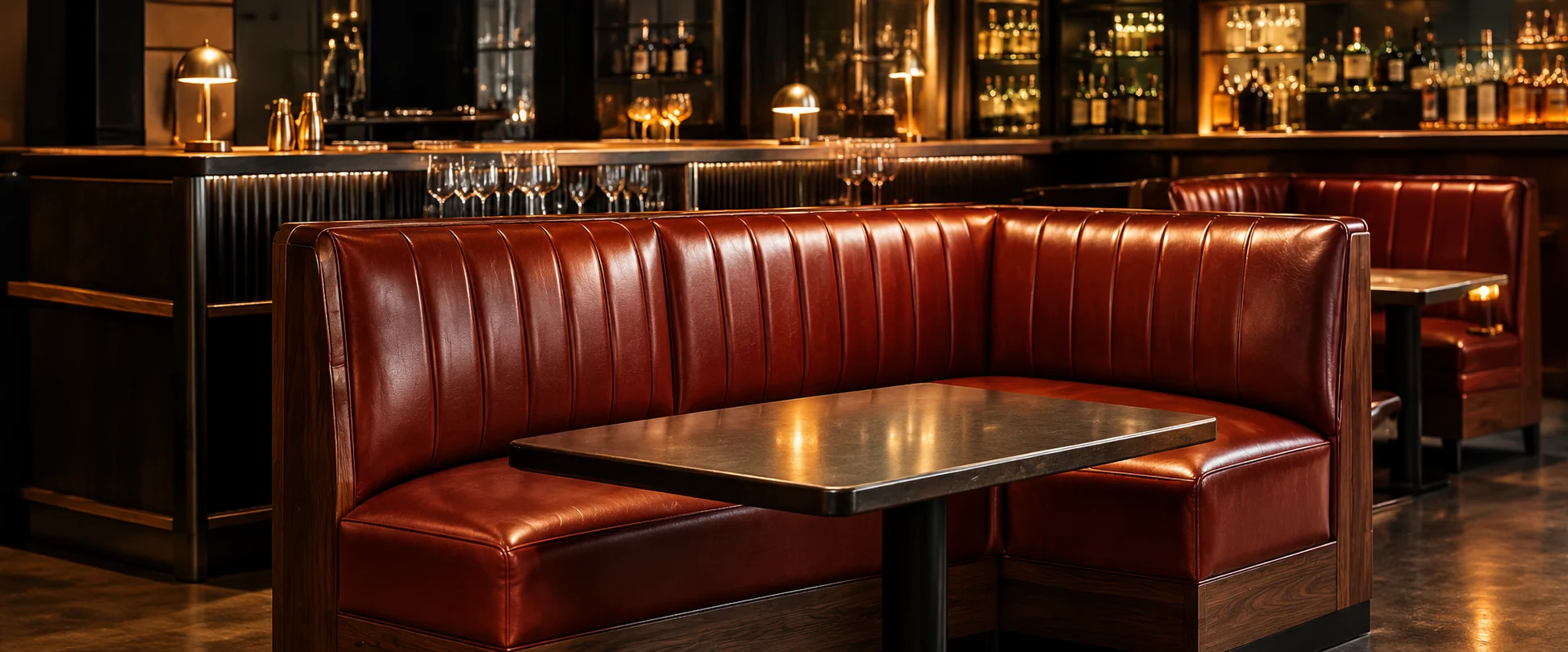 Red leather restaurant banquettes in a bar dining room
