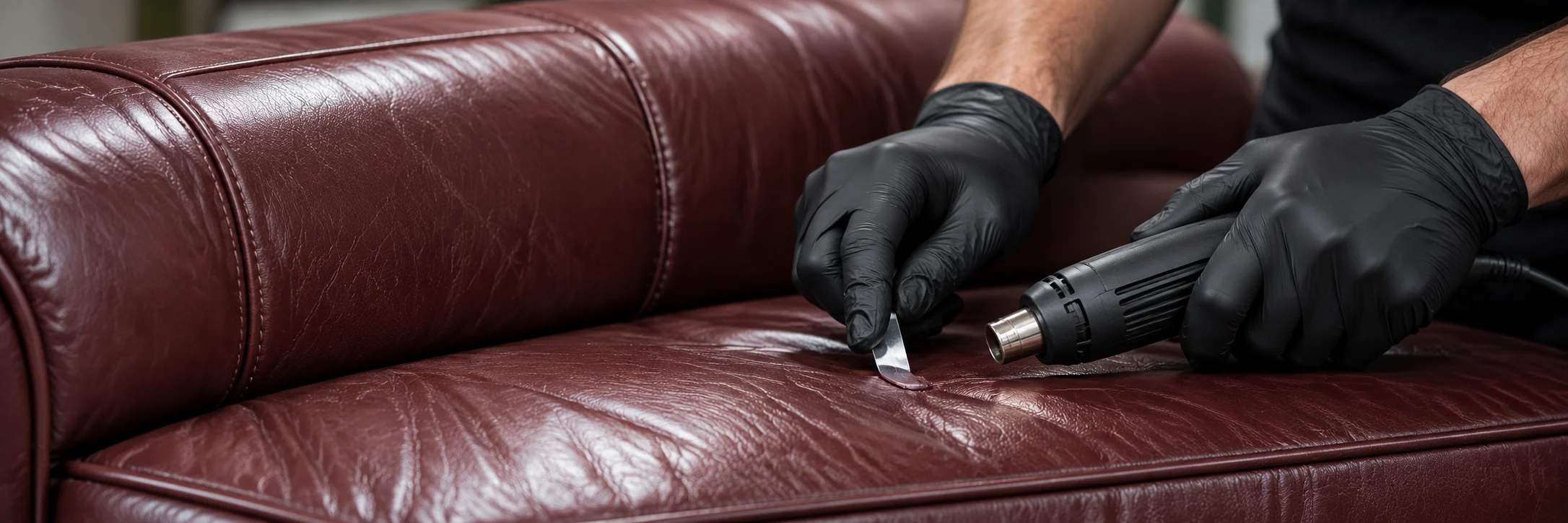 Technician repairing a tear in burgundy leather upholstery