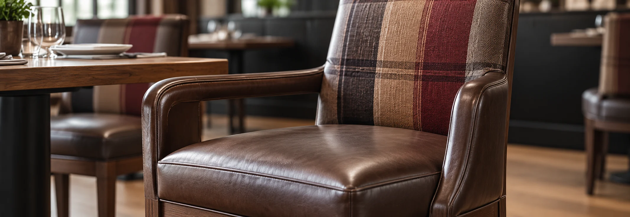 Dining chair reupholstered in leather with a woven back panel