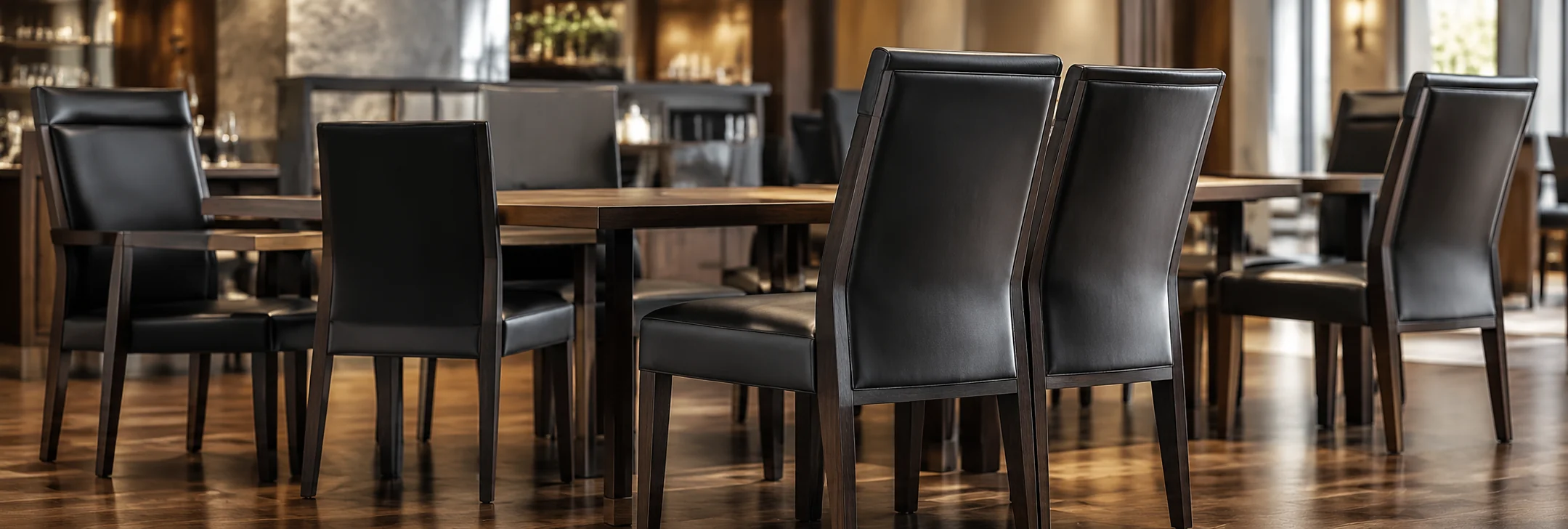 Dark leather commercial dining chairs around wood tables