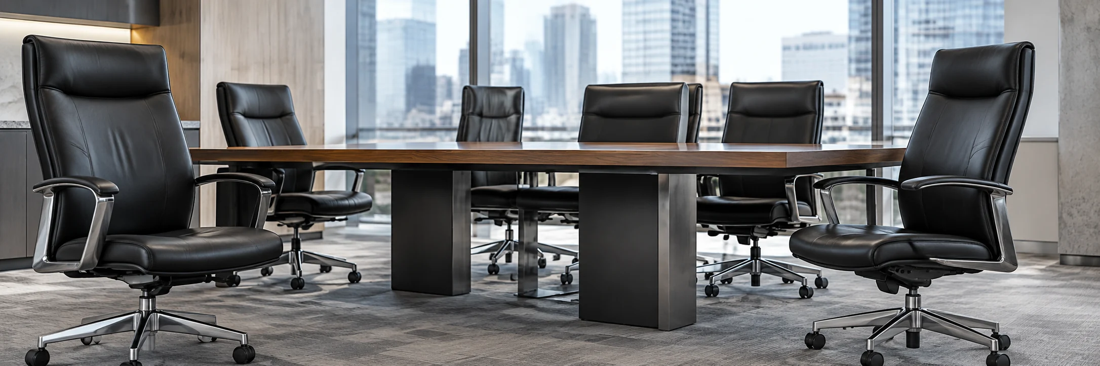 Black leather conference chairs in a corporate boardroom