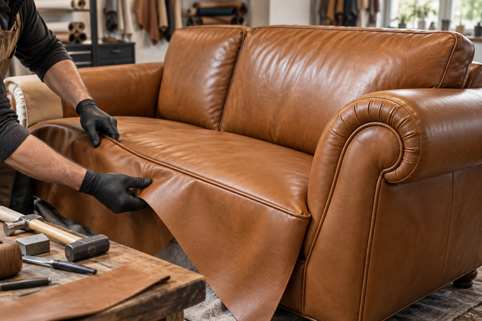 Hands fitting leather to a sofa arm