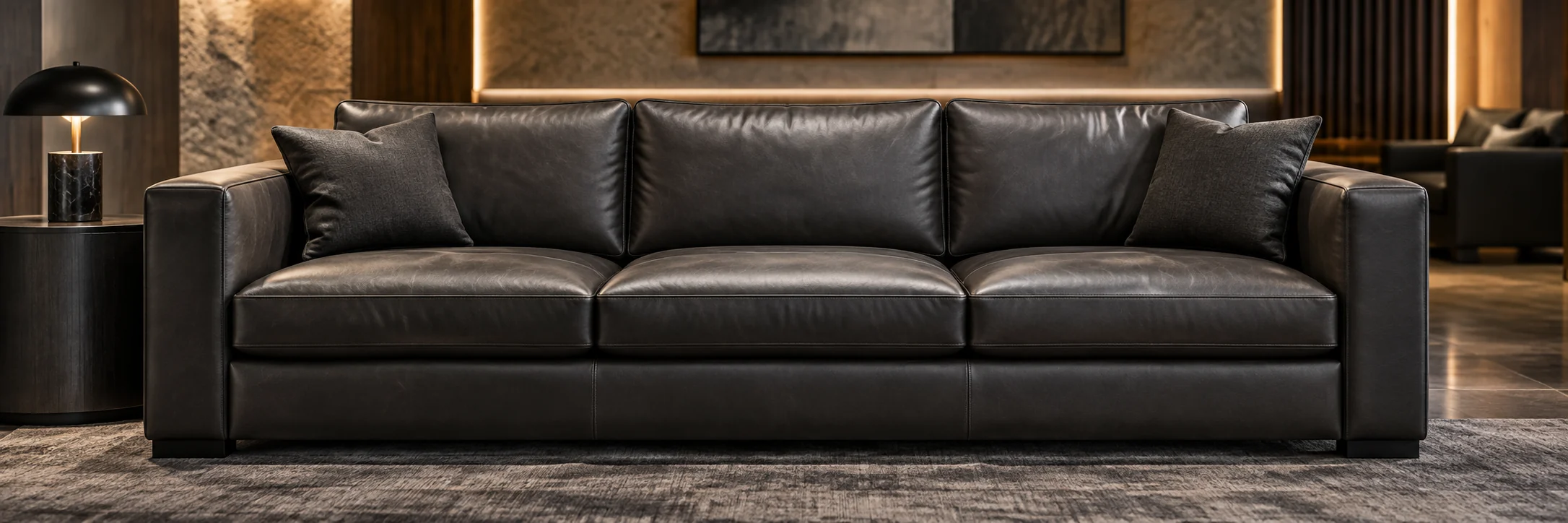 Black leather sofa in a dark hotel lounge