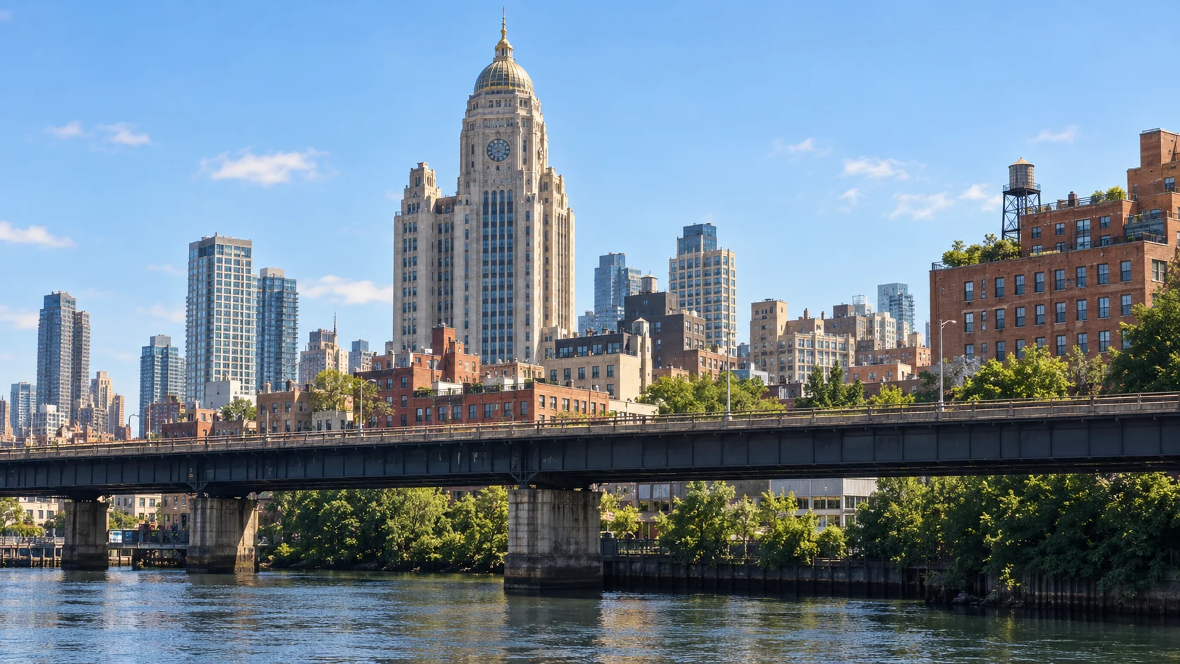 Bronx riverfront with a bridge and apartment towers