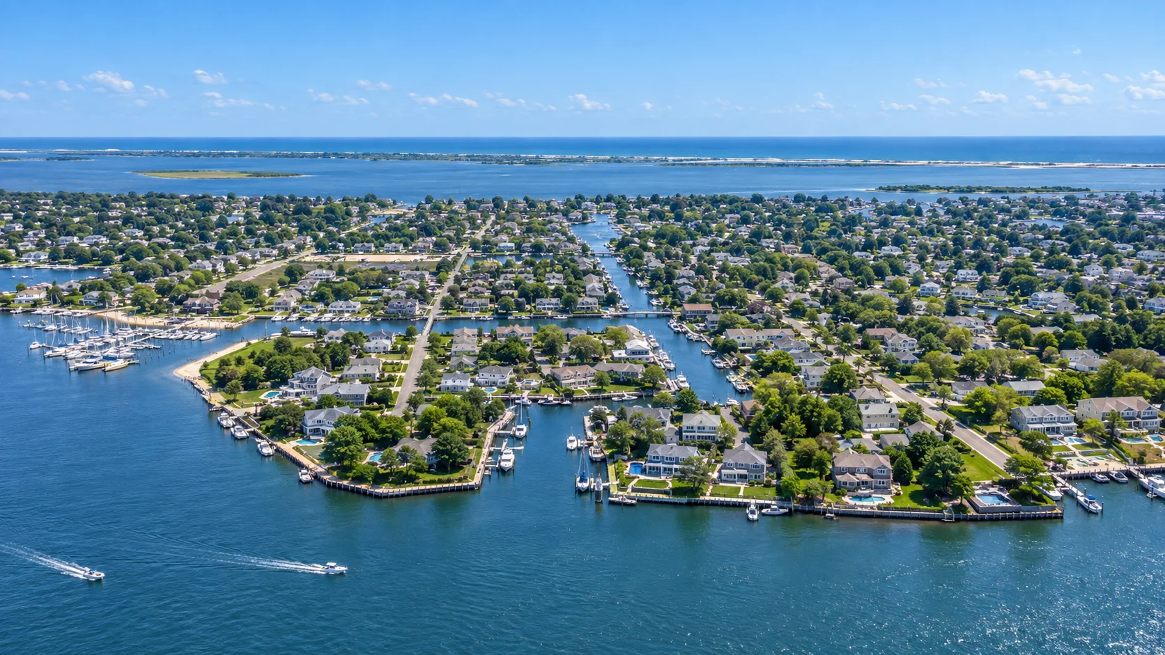 Aerial view of a Long Island waterfront community