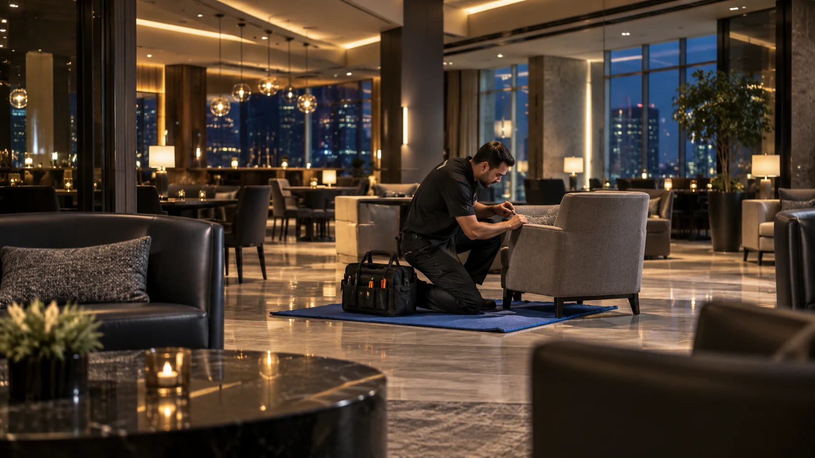 Technician working in a hotel lobby after hours