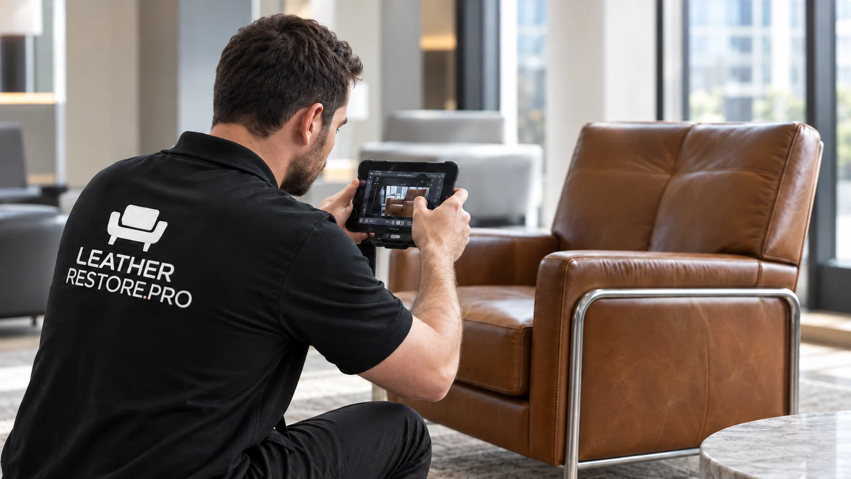 Technician recording a completed leather repair on a tablet