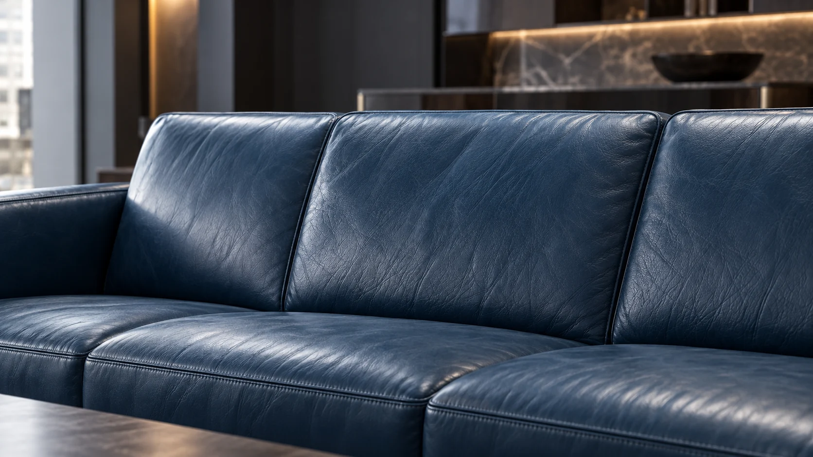 Navy leather sofa cushions after cleaning and conditioning