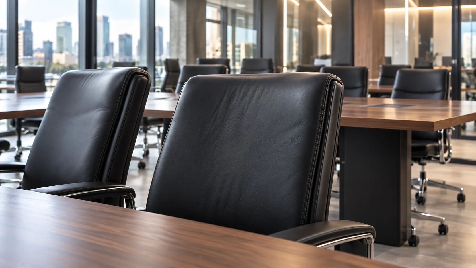 Black leather conference chairs at a boardroom table