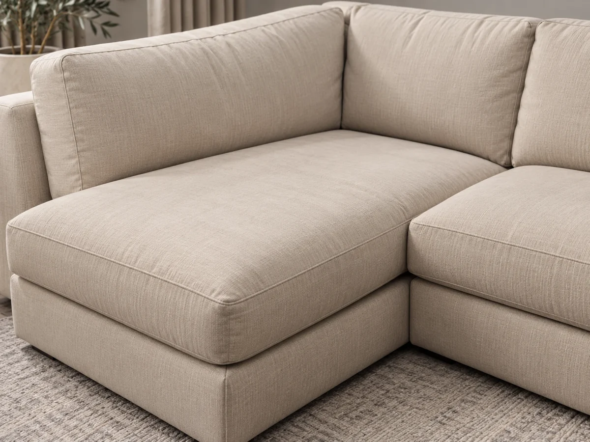 Corner return of an oatmeal sectional where two cushion runs meet