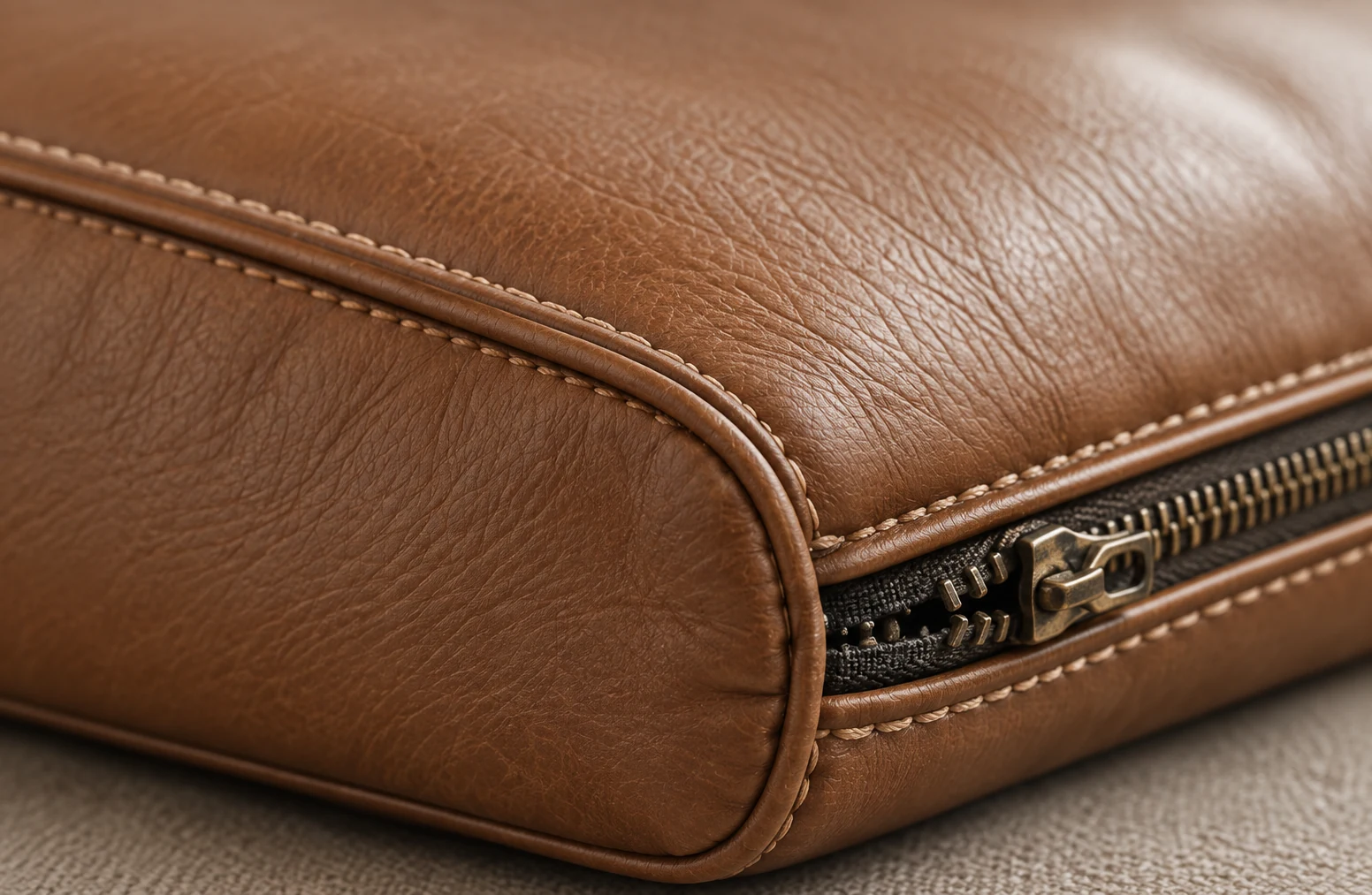 Brown leather couch cushion edge with a closed zipper and stitched piping