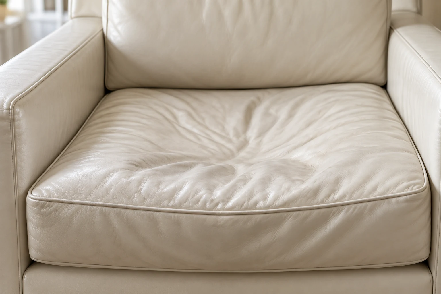 Cream leather couch cushion collapsed through the middle