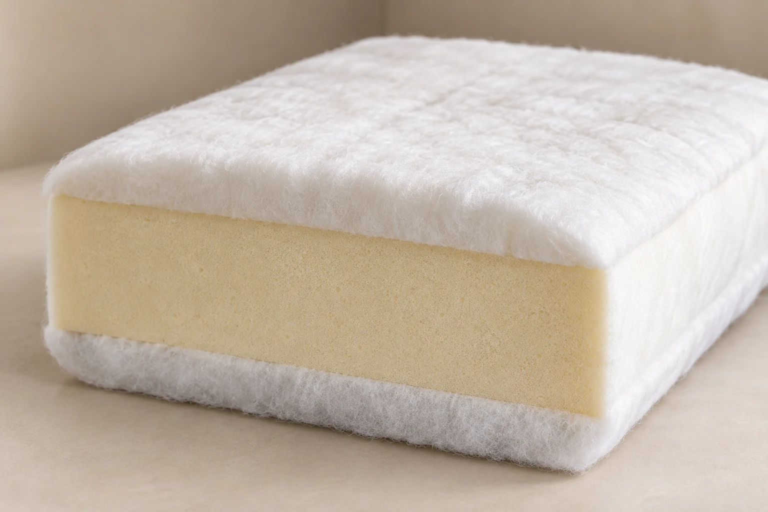 Foam core wrapped in soft fiber for a couch cushion