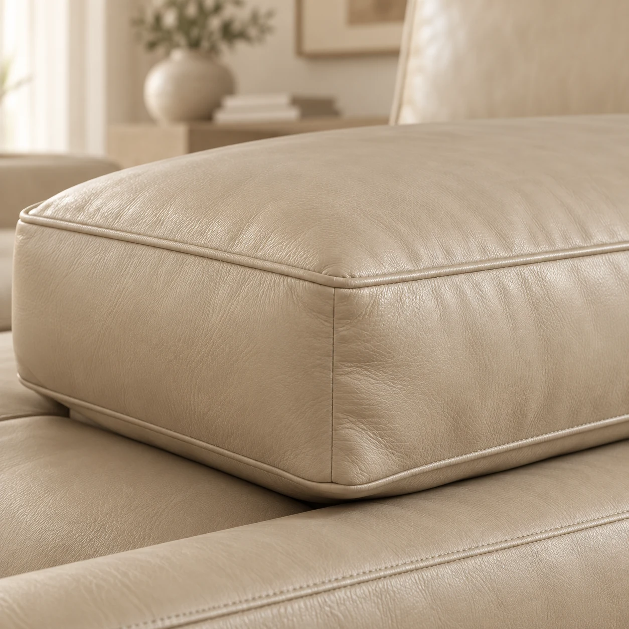 Cream leather couch cushion recovered in new hide