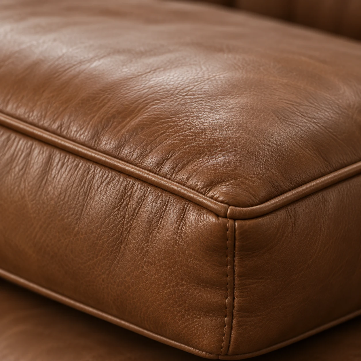 Brown leather couch cushion cover being repaired at the corner