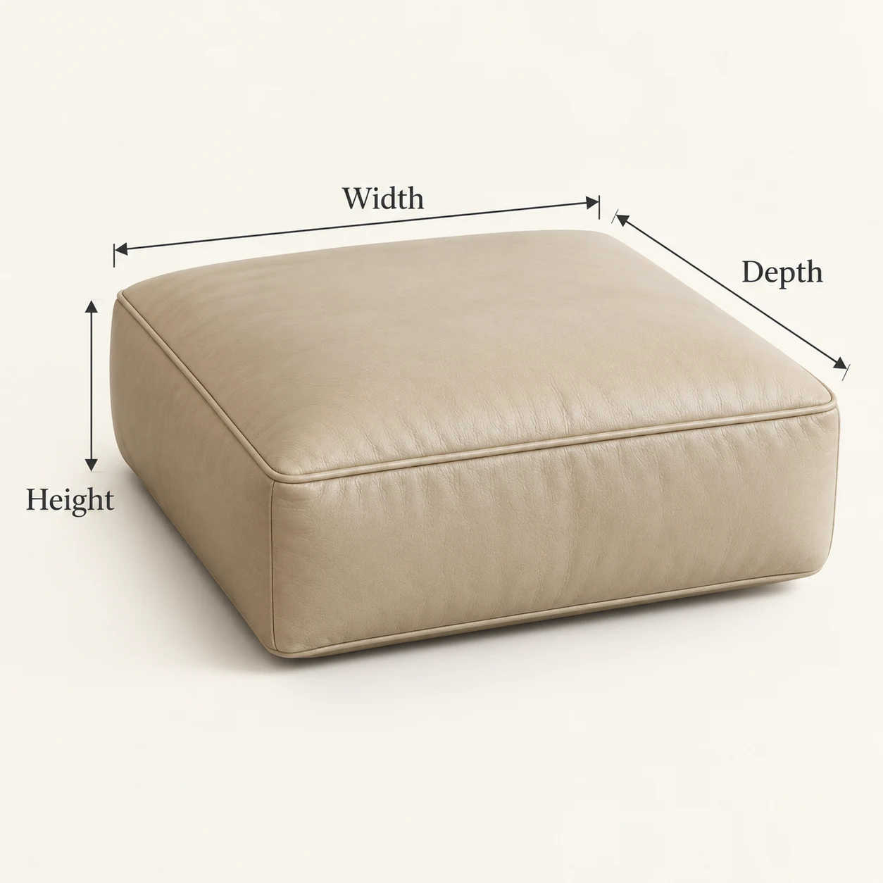 Diagram of a couch cushion marked with width, depth and height