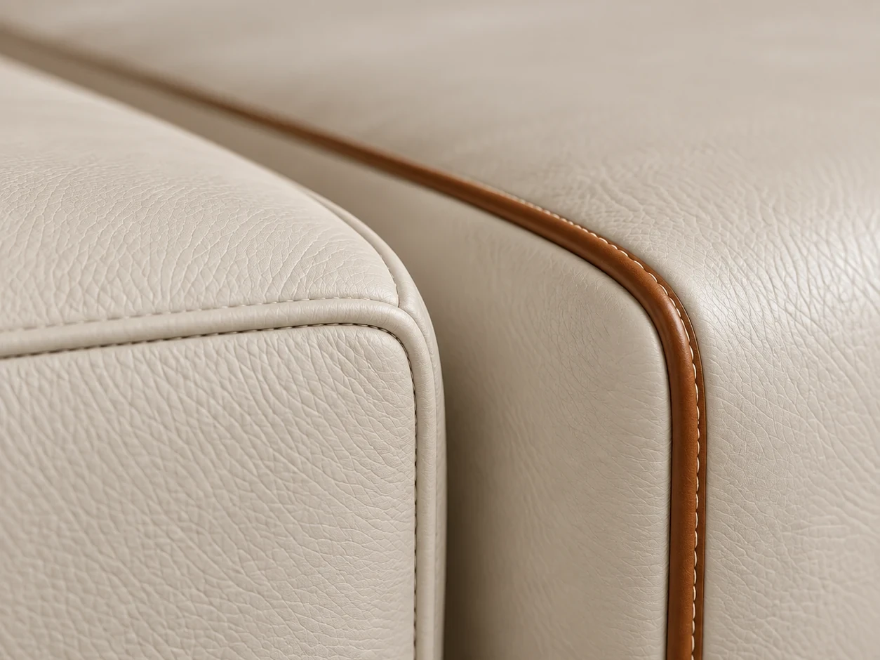 Contrast tan piping following the edge of a cream couch cushion