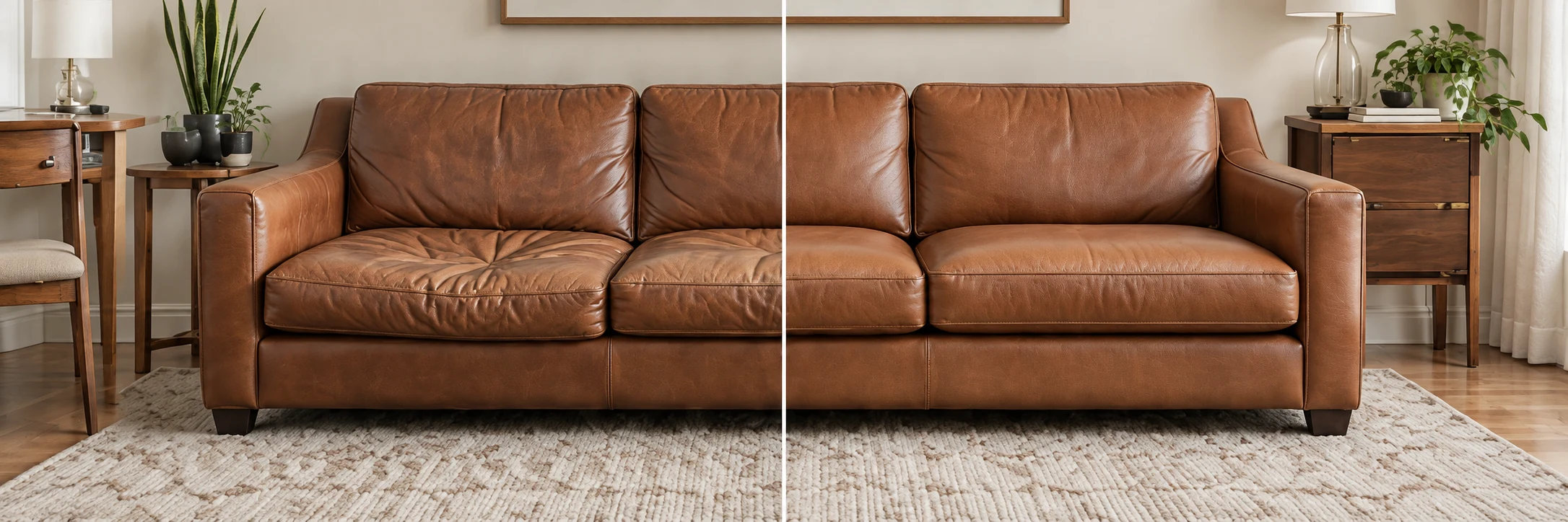 Couch cushion foam replacement before and after on a tan leather sofa